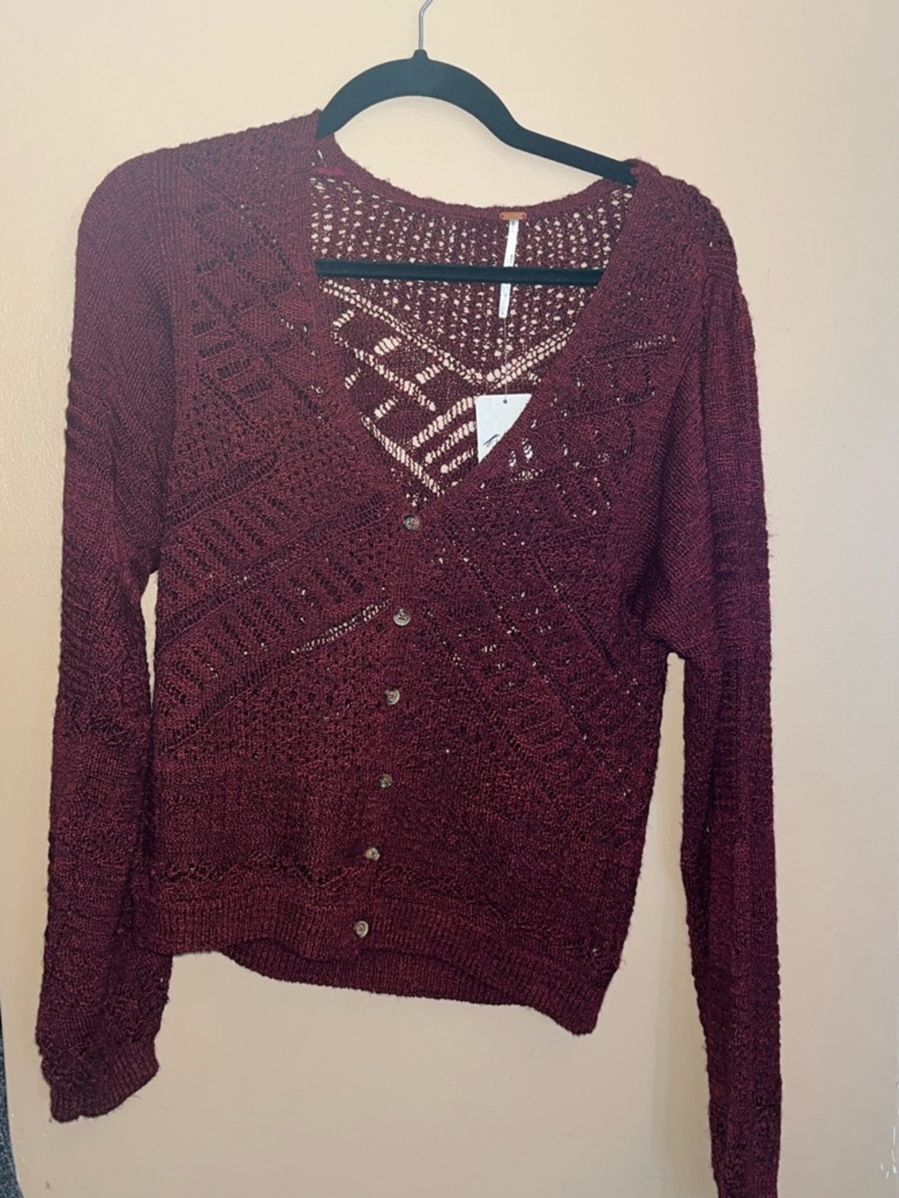 Free People Open-Knit Button Cardigan in Burgundy
